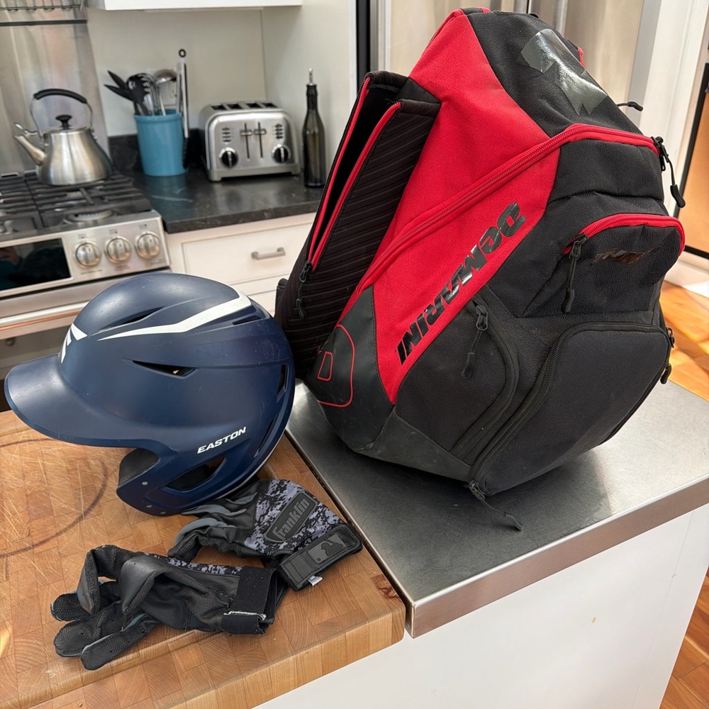 Easton Navy Helmet and Red/Black Demarini Bag